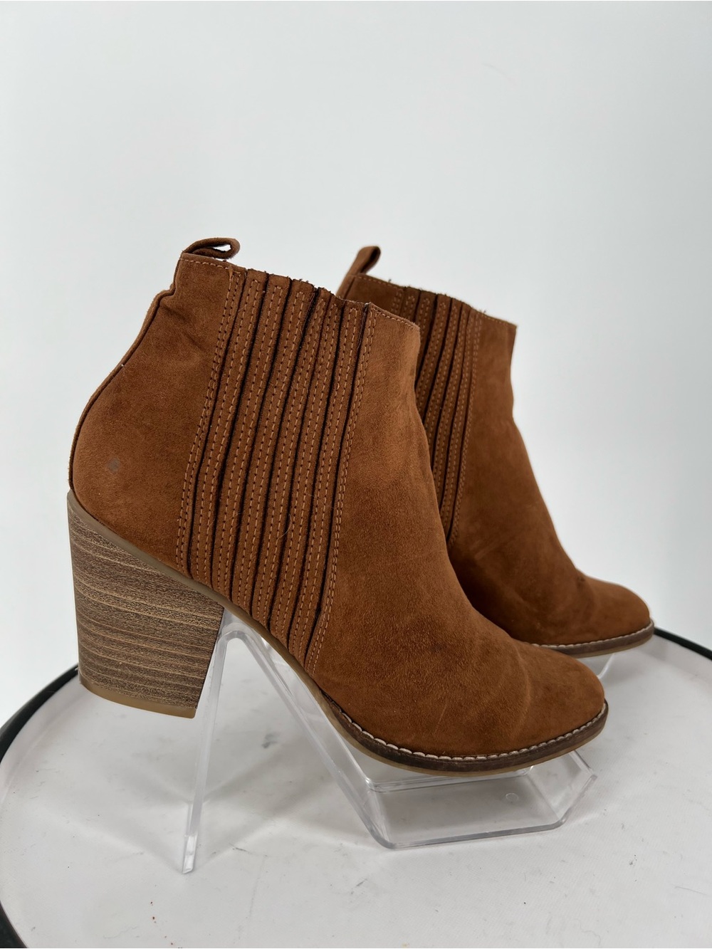Dolce Vita Cognac Suede Ankle Booties with Stacked Heel